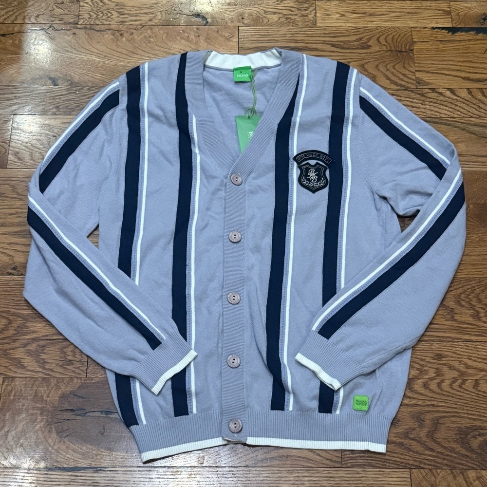 NWT. Hugo Boss. Corey Striped V-neck Wool Blend Logo Cardigan. Medium.